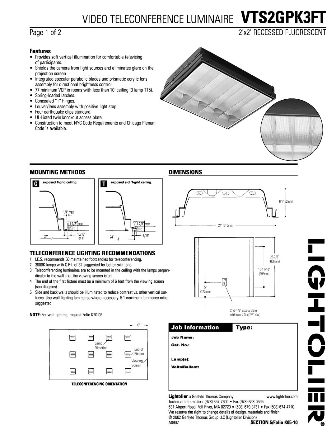 Lightolier dimensions VIDEO TELECONFERENCE LUMINAIRE VTS2GPK3FT, Page 1 of, Features, Mounting Methods, Dimensions 