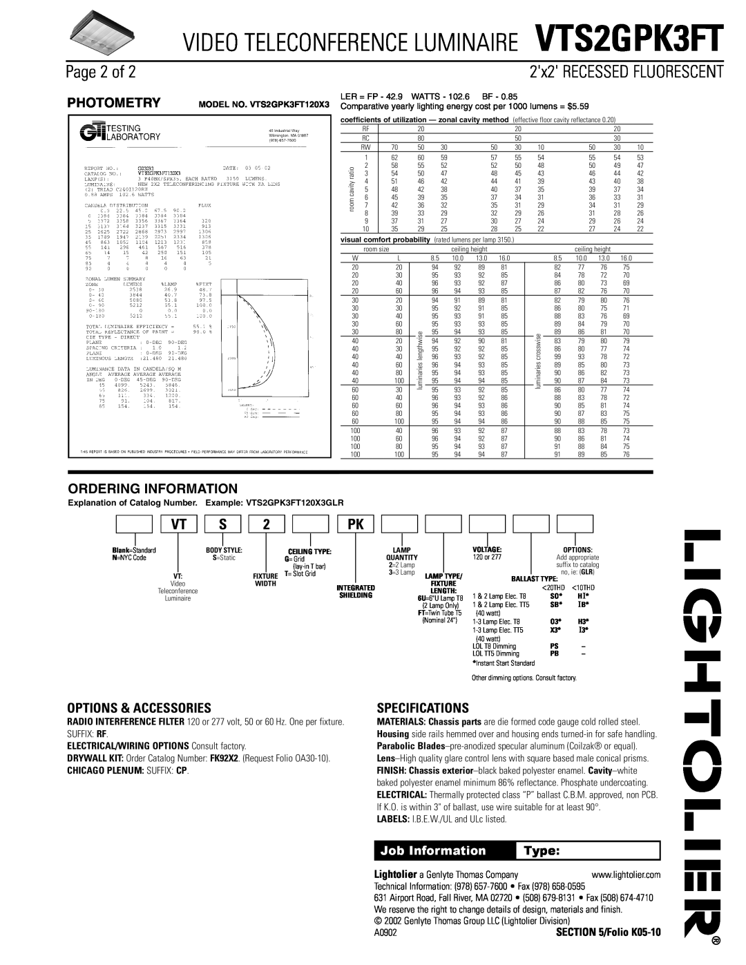 Lightolier VTS2GPK3FT Page 2 of, Photometry, Ordering Information, Options & Accessories, Specifications, Job Information 