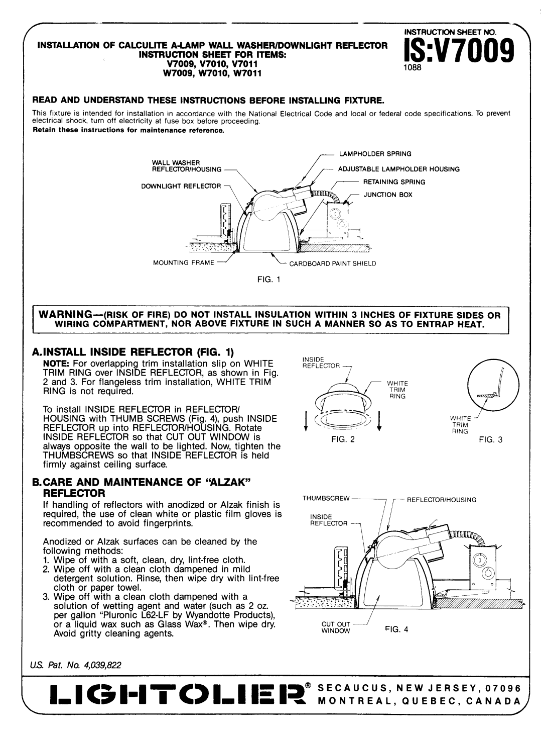 Lightolier W7010 instruction sheet IS V7009I-too, A. Install Inside Reflector Fig, Instruction, U.S. Pat. No. 4,039,822 