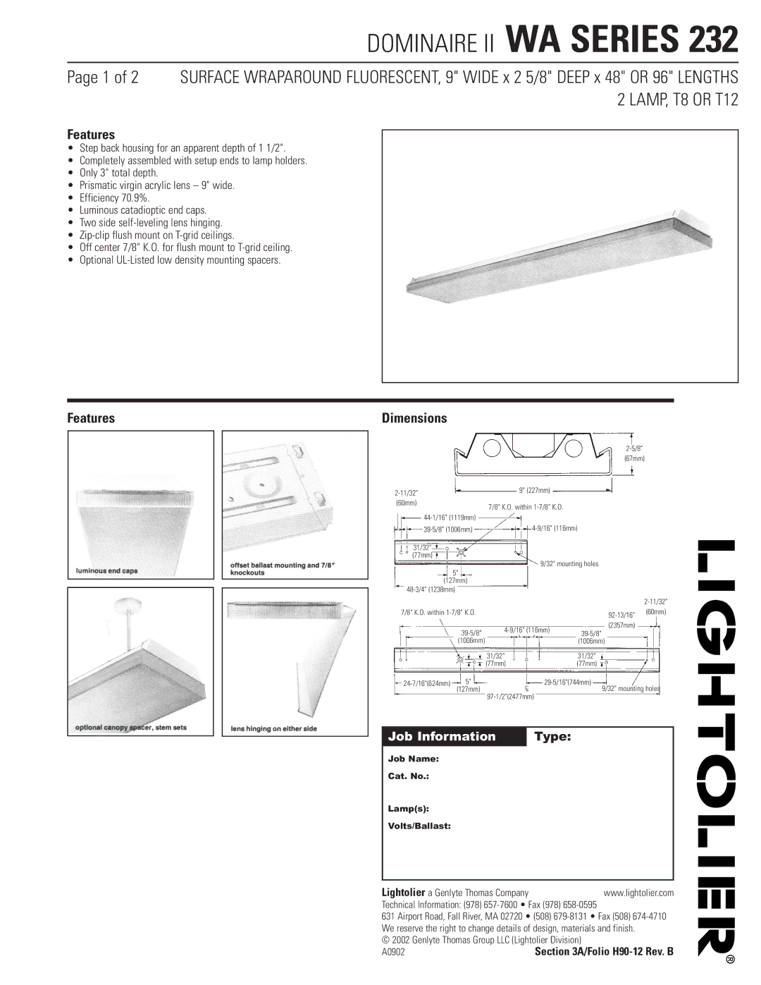 Lightolier WA Series 232 dimensions Features, Dimensions 