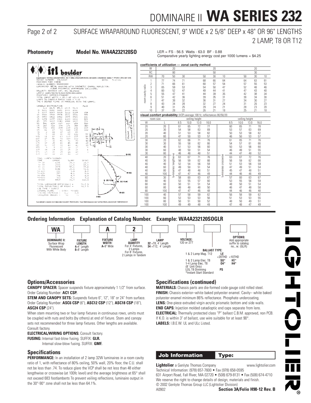 Lightolier WA Series 232 dimensions Photometry, Options/Accessories, Specifications, Model No. WA4A232120SO 