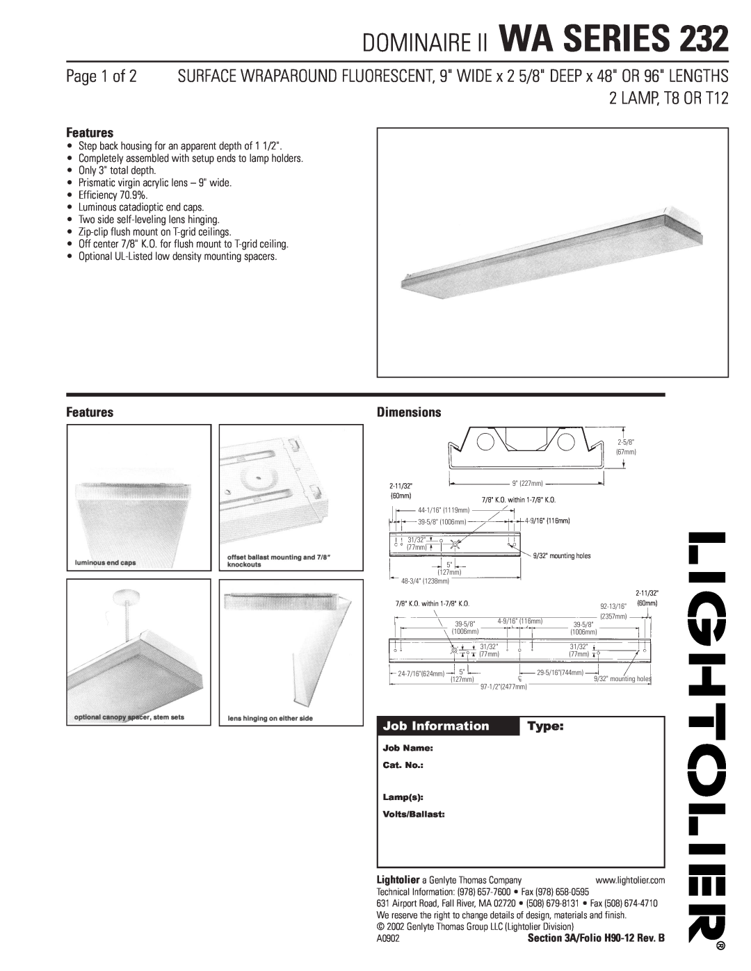 Lightolier WA Series 232 dimensions Dominaire Ii Wa Series, Features, Job Information, Type, Dimensions 