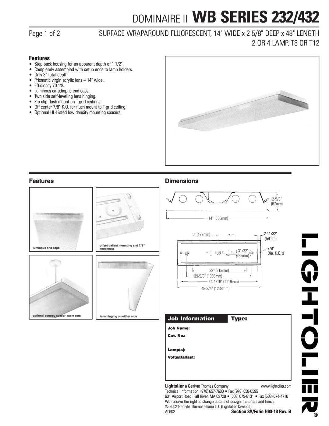 Lightolier WB SERIES 432 dimensions DOMINAIRE II WB SERIES 232/432, Page 1 of, 2 OR 4 LAMP, T8 OR T12, Features, Type 