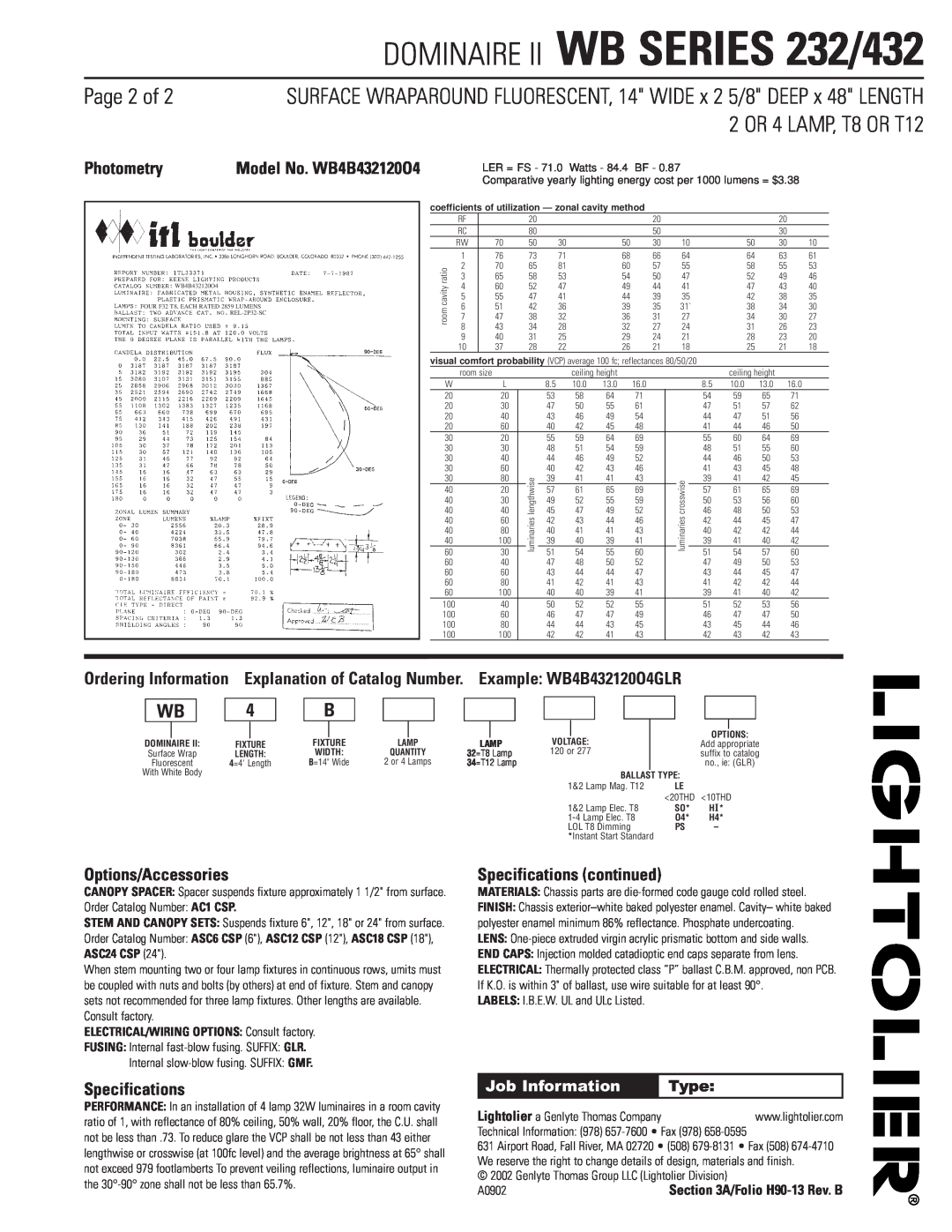 Lightolier WB SERIES 232 Page 2 of, Photometry, Options/Accessories, Specifications continued, 2 OR 4 LAMP, T8 OR T12 