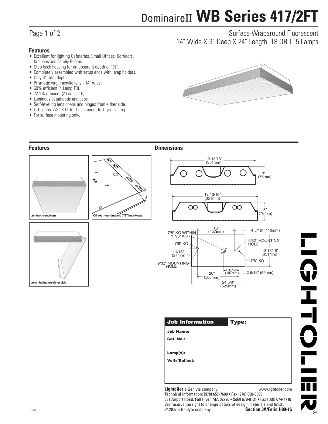 Lightolier WB Series 417, WB Series 2FT dimensions Features, Dimensions 