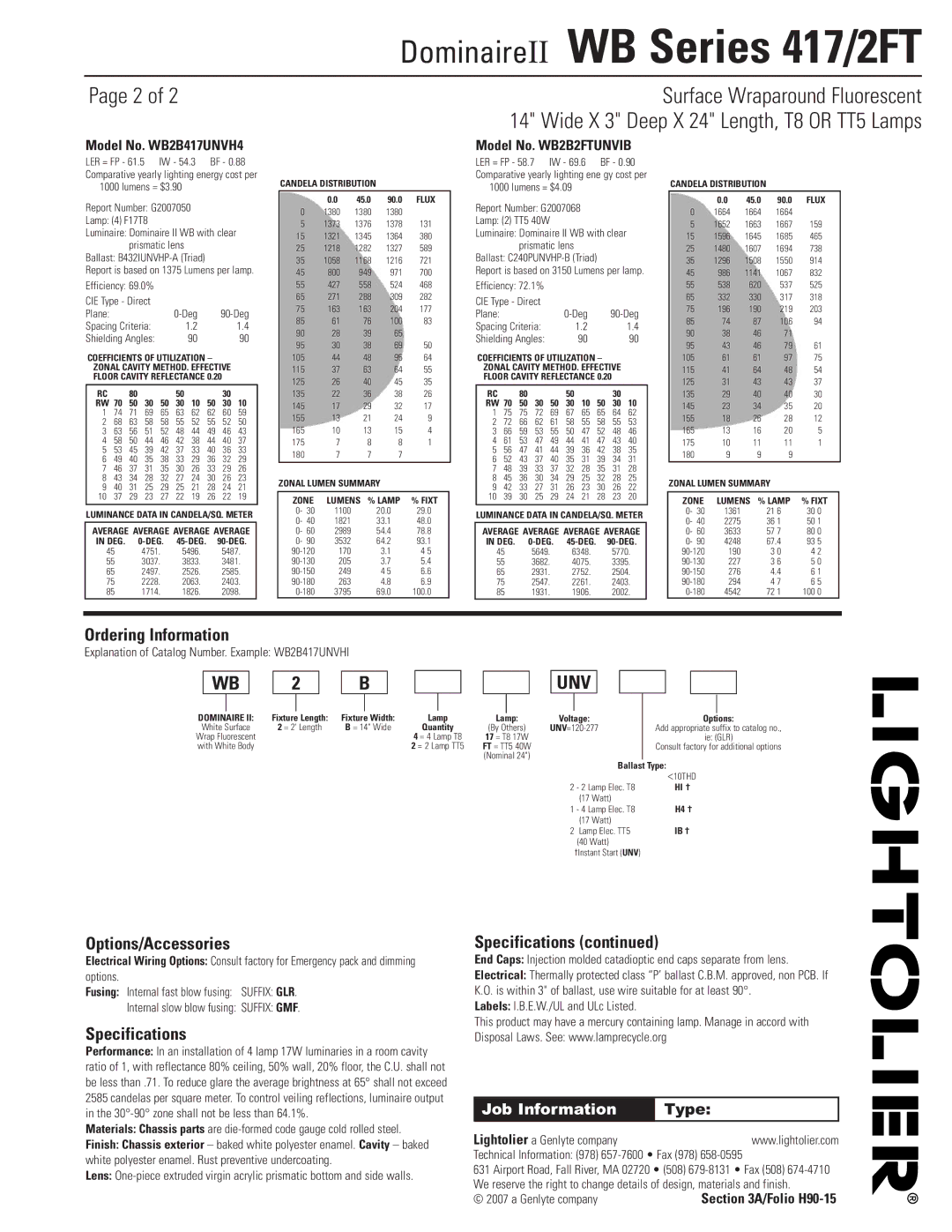 Lightolier WB Series 2FT, WB Series 417 dimensions Ordering Information, Options/Accessories, Specifications 