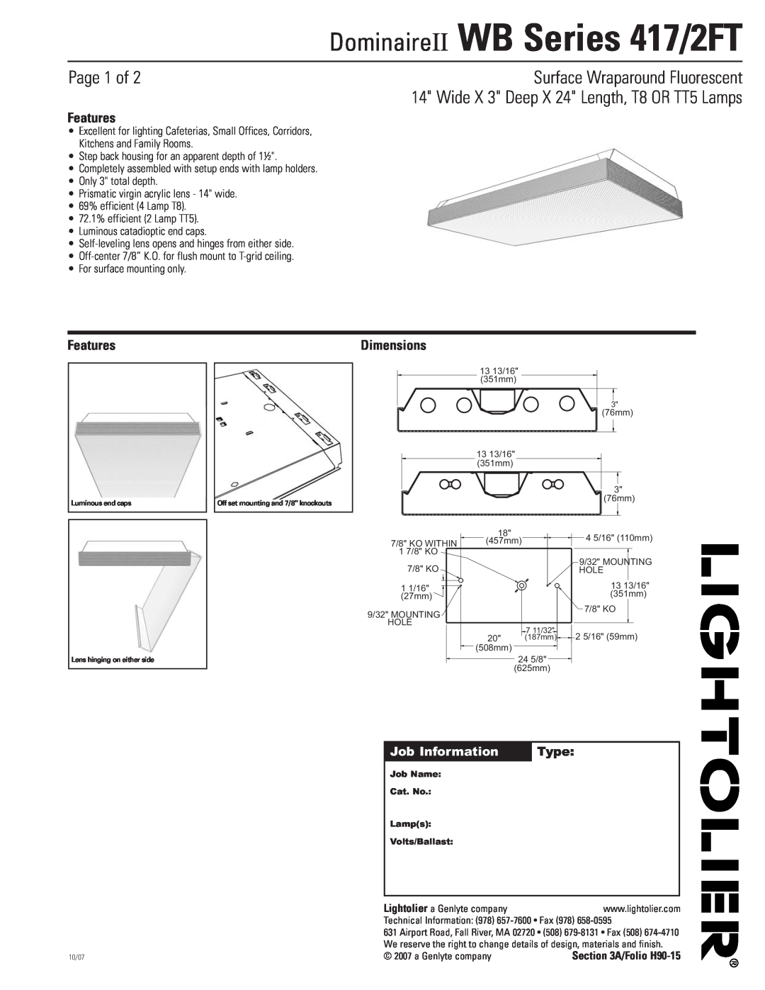 Lightolier WB Series 417 dimensions Page 1 of, Surface Wraparound Fluorescent, Features, Dimensions, Job Information, Type 