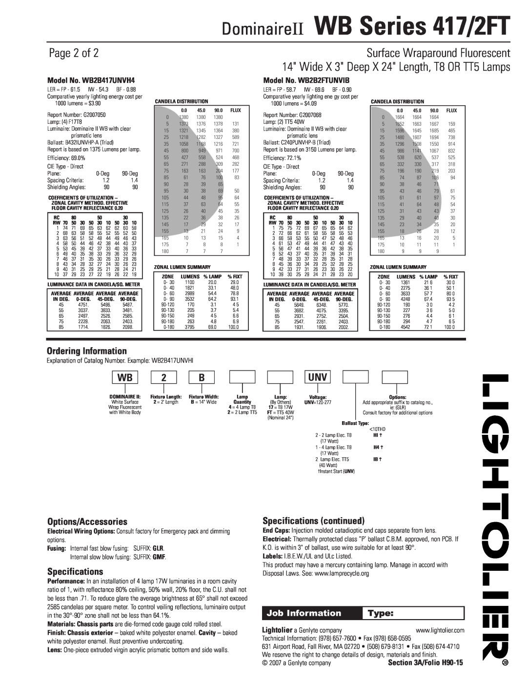 Lightolier WB Series 2FT Page 2 of, Ordering Information, Options/Accessories, Specifications continued, Type 
