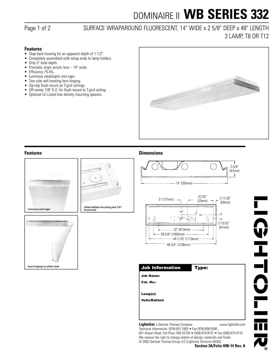 Lightolier WB Series 332 dimensions Features, Dimensions, Folio H90-14 Rev. a 