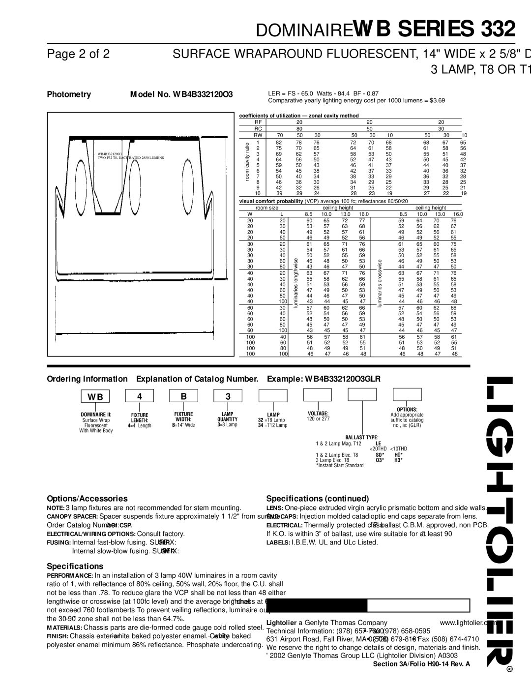 Lightolier WB Series 332 dimensions Photometry, Options/Accessories, Specifications, Model No. WB4B332120O3 