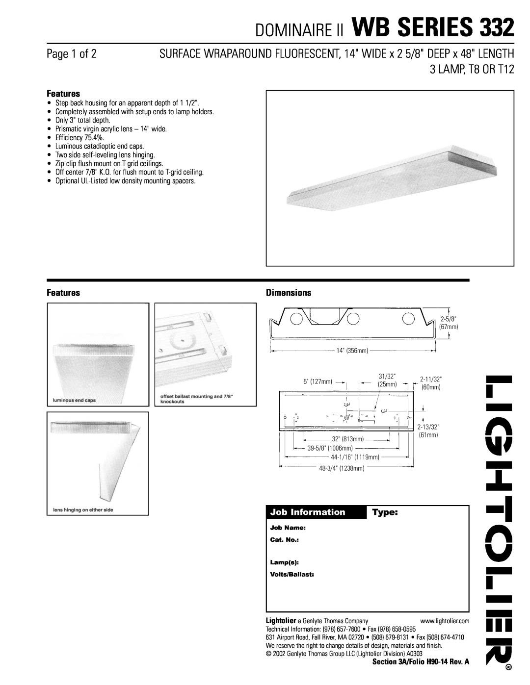 Lightolier WB Series 332 dimensions Dominaire Ii Wb Series, Page 1 of, LAMP, T8 OR T12, Features, Job Information, Type 