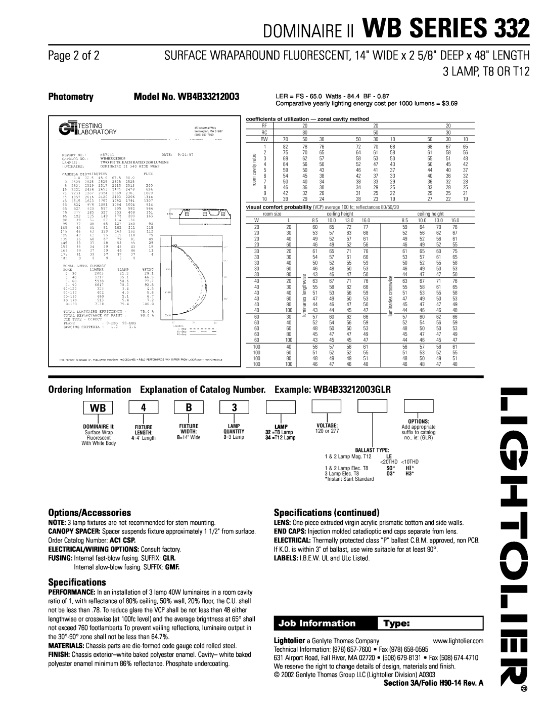 Lightolier WB Series 332 Page 2 of, Photometry, Options/Accessories, Specifications continued, Model No. WB4B332120O3 