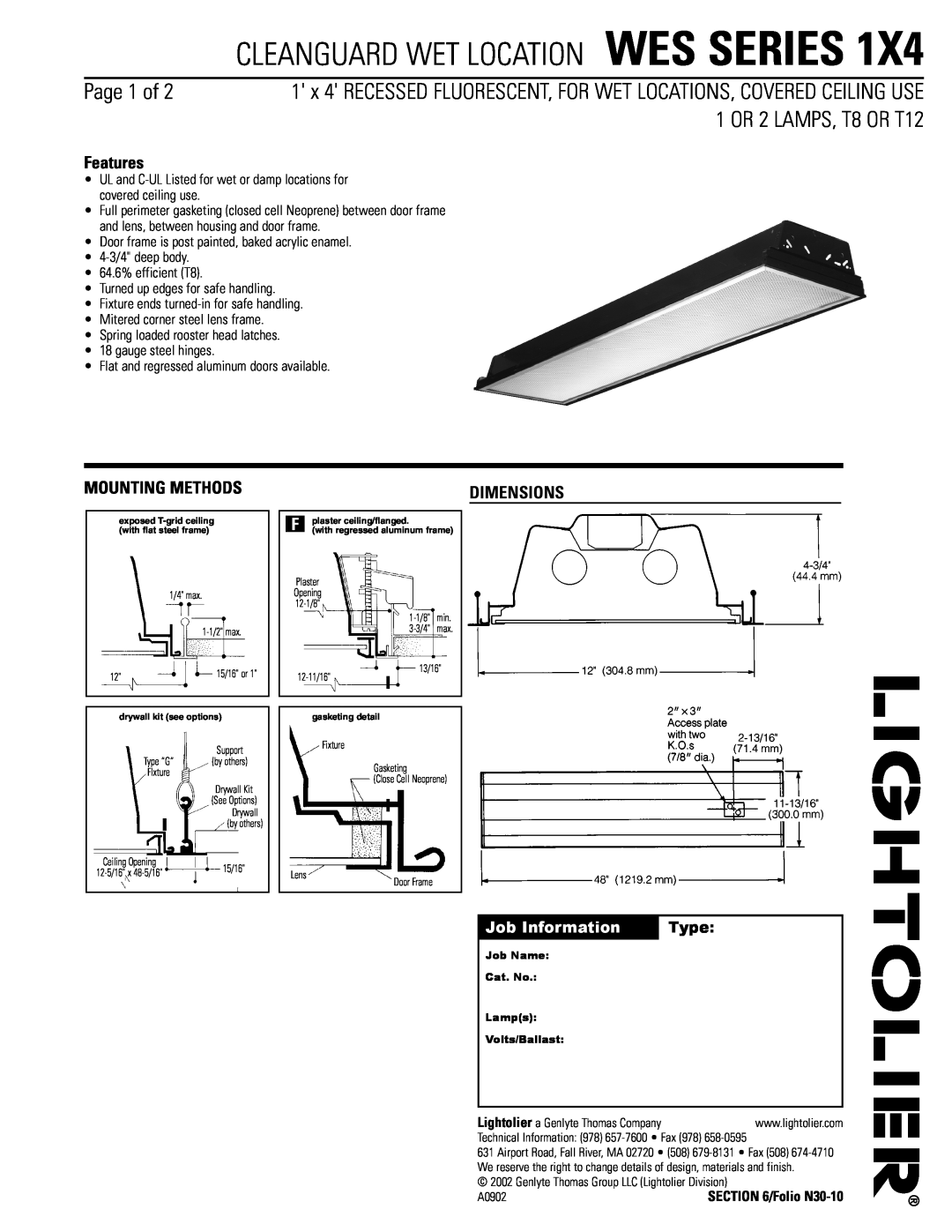 Lightolier WES SERIES 1X4 dimensions Cleanguard Wet Location Wes Series, Page 1 of, 1 OR 2 LAMPS, T8 OR T12, Features 