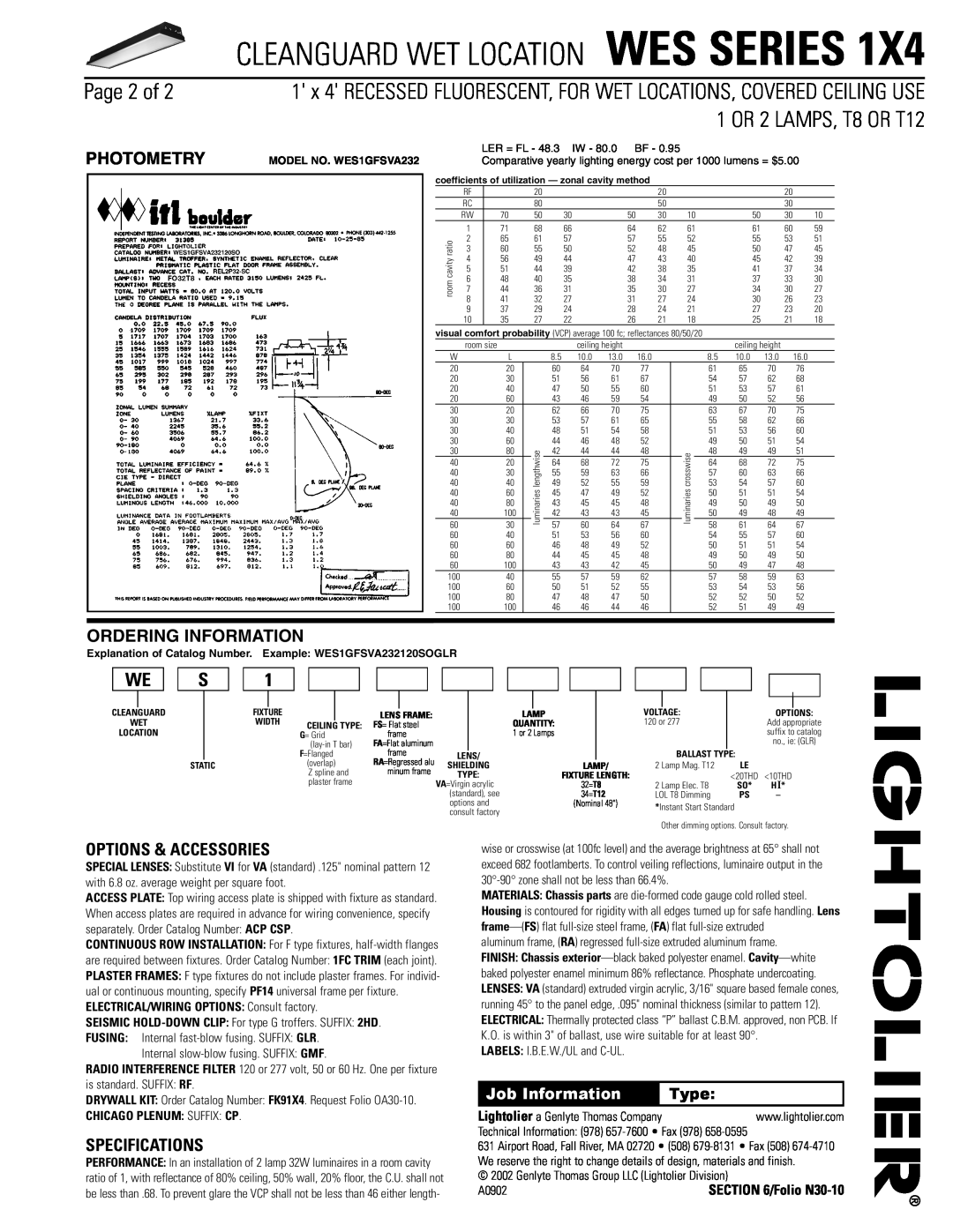 Lightolier WES SERIES 1X4 Page 2 of, Options & Accessories, Specifications, Cleanguard Wet Location Wes Series, Photometry 