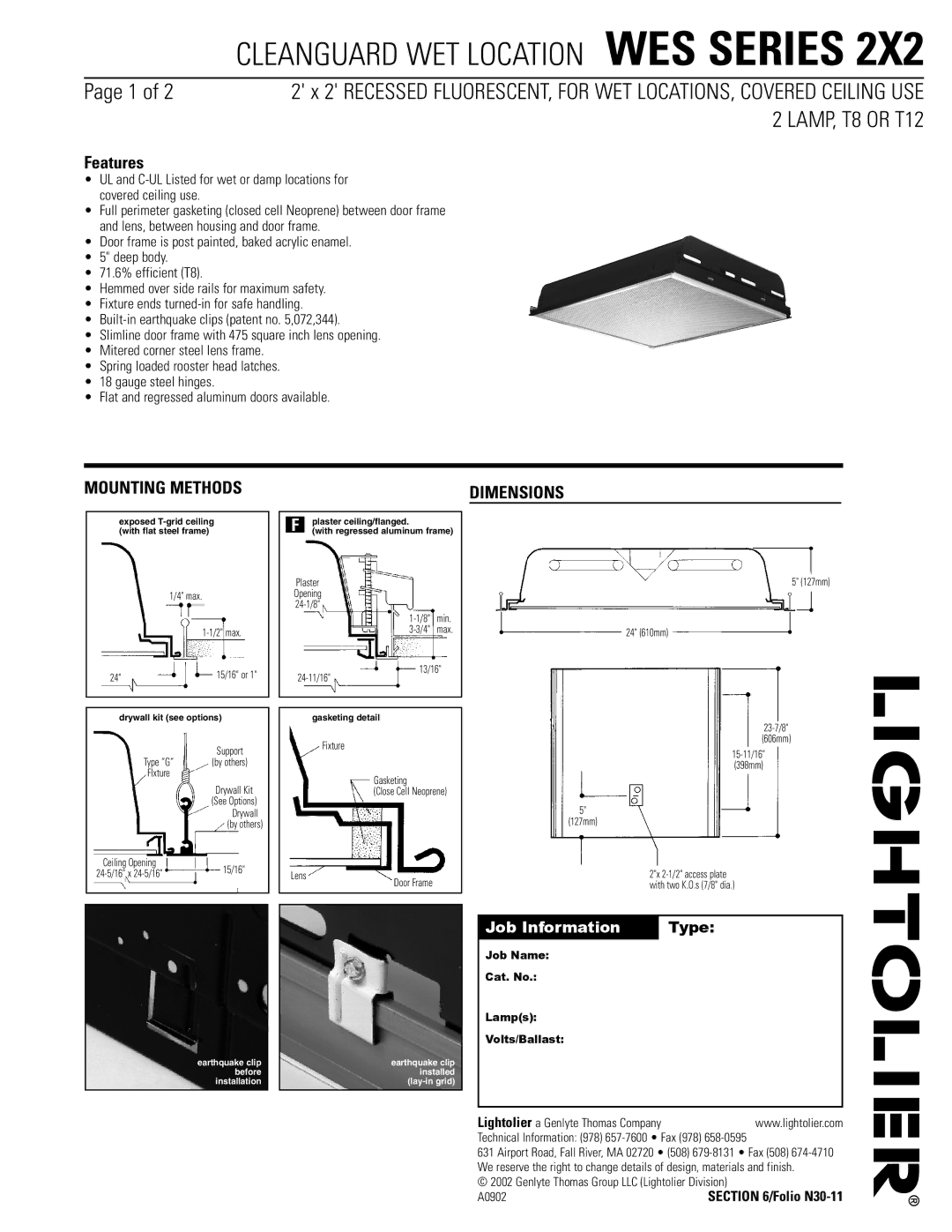 Lightolier WES Series 2X2 dimensions Mounting Methods, Dimensions 