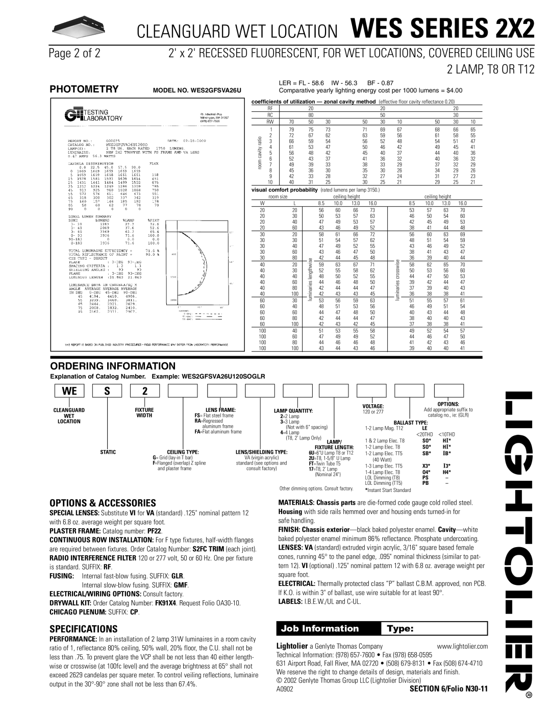 Lightolier WES Series 2X2 dimensions Options & Accessories, Specifications 