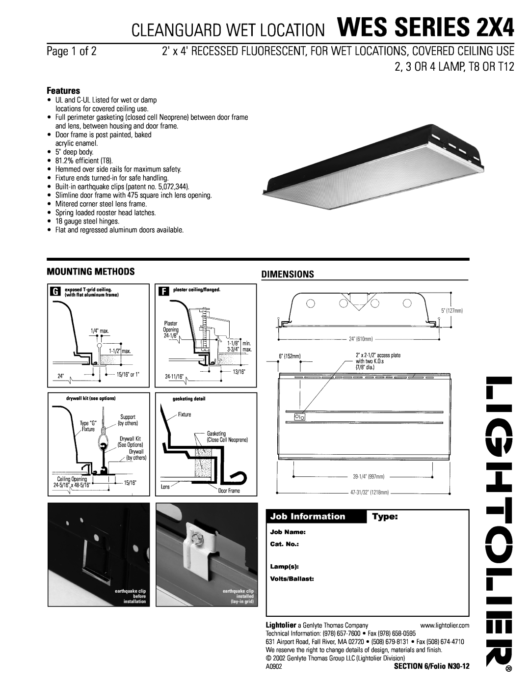 Lightolier WES SERIES 2X4 dimensions Cleanguard Wet Location Wes Series, Page 1 of, 2, 3 OR 4 LAMP, T8 OR T12, Features 
