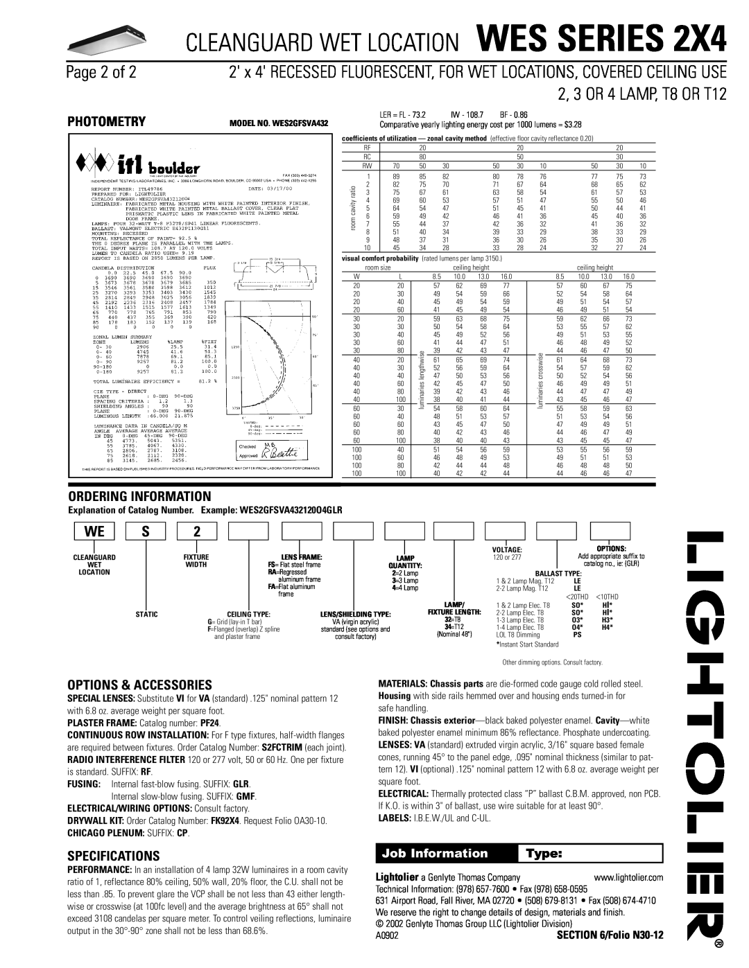 Lightolier WES SERIES 2X4 Page 2 of, Photometry, Ordering Information, Options & Accessories, Specifications, Type, Static 