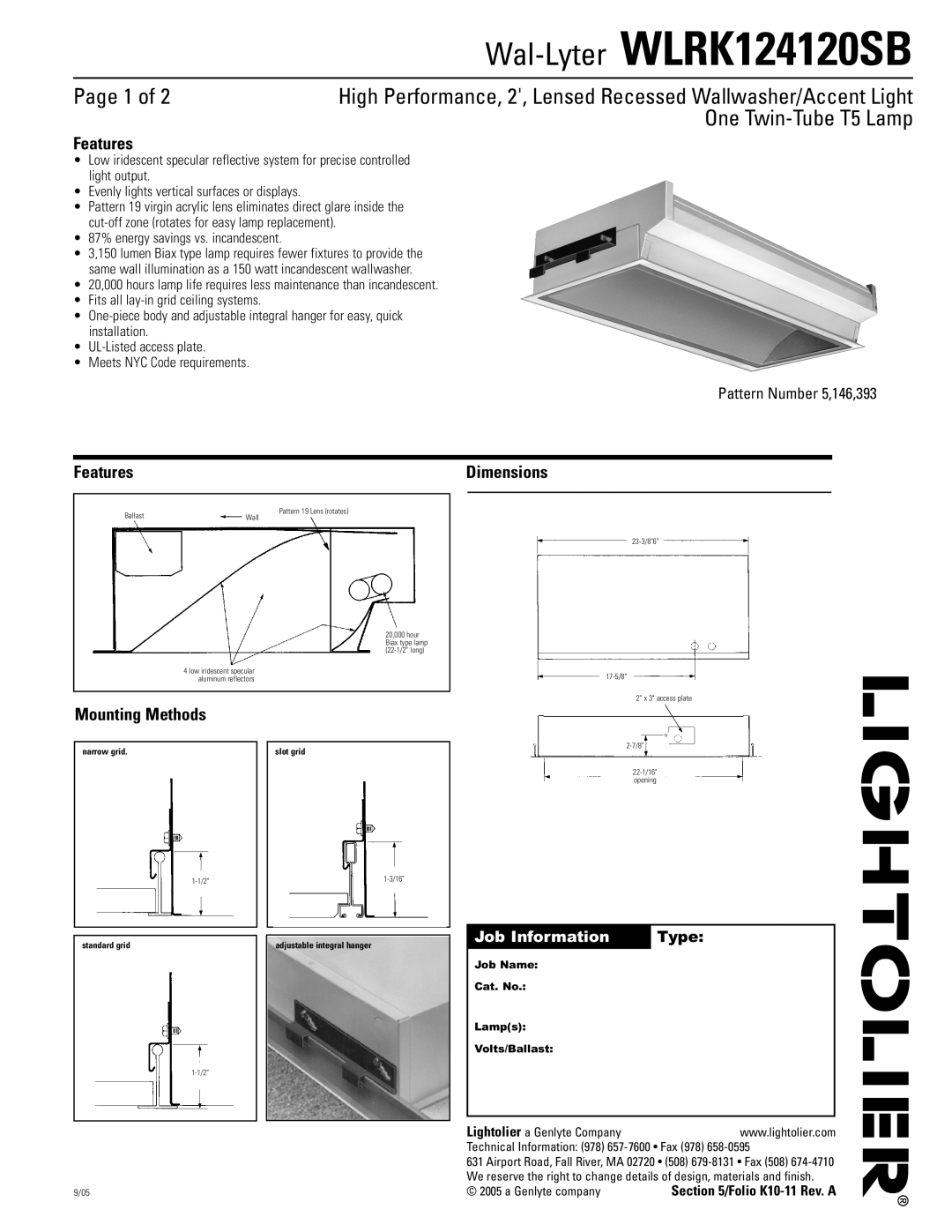 Lightolier dimensions Wal-Lyter WLRK124120SB, Page 1 of, One Twin-TubeT5 Lamp, Features, Mounting Methods, Dimensions 