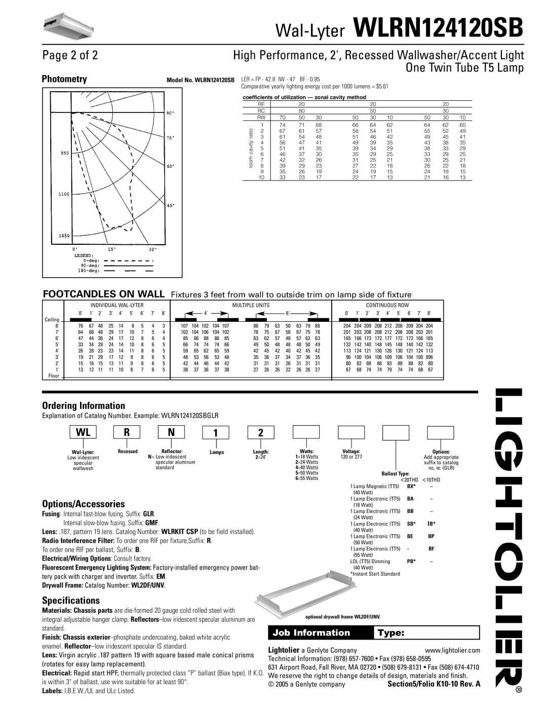 Lightolier WLRN124120SB One Twin Tube T5 Lamp, Photometry, Ordering Information, Options/Accessories, Specifications 