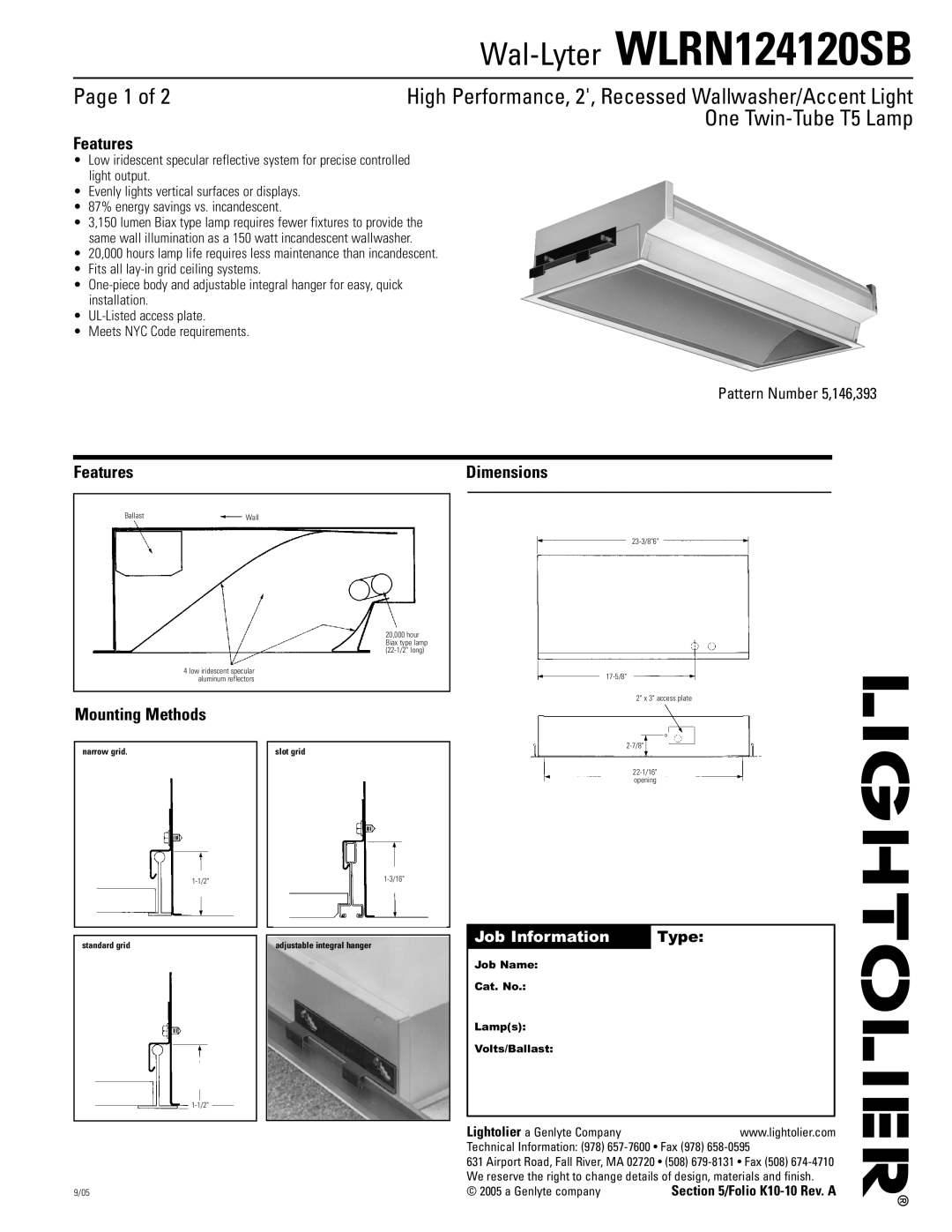 Lightolier WLRN124120SB dimensions Page 1 of, One Twin-TubeT5 Lamp, Features, Mounting Methods, Dimensions, Type 
