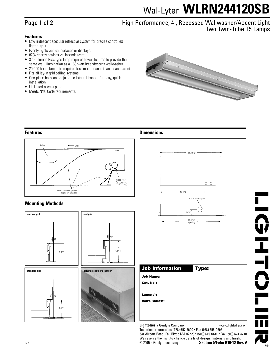 Lightolier WLRN244120SB dimensions Page 1 of, Two Twin-TubeT5 Lamps, Features, Mounting Methods, Dimensions, Type 