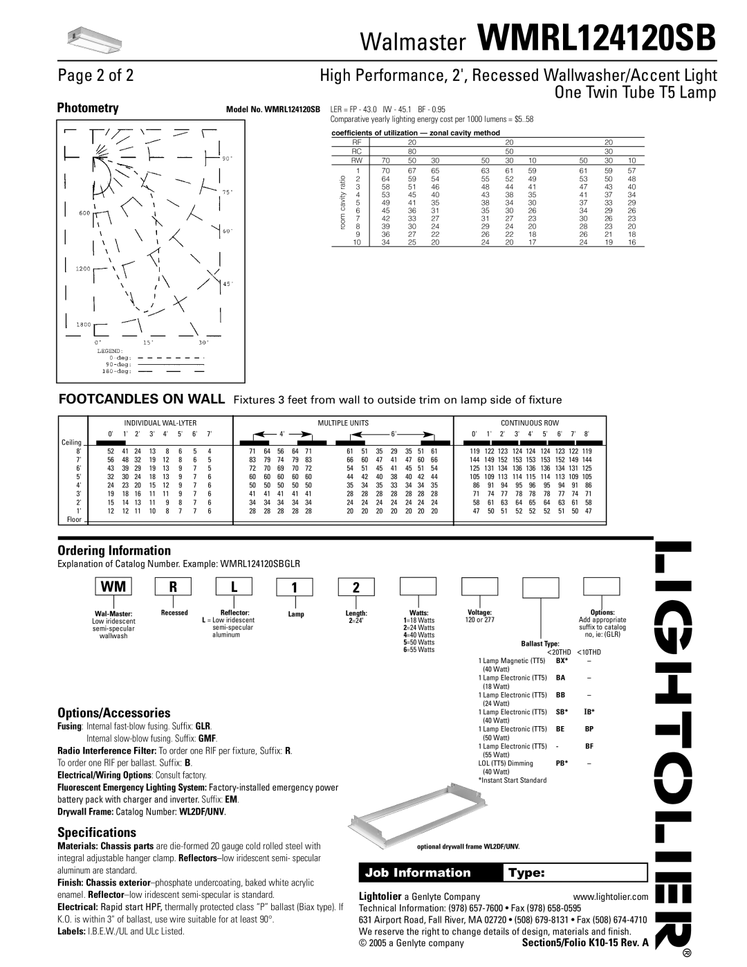 Lightolier Walmaster WMRL124120SB, Page 2 of, One Twin Tube T5 Lamp, Photometry, Ordering Information, Specifications 