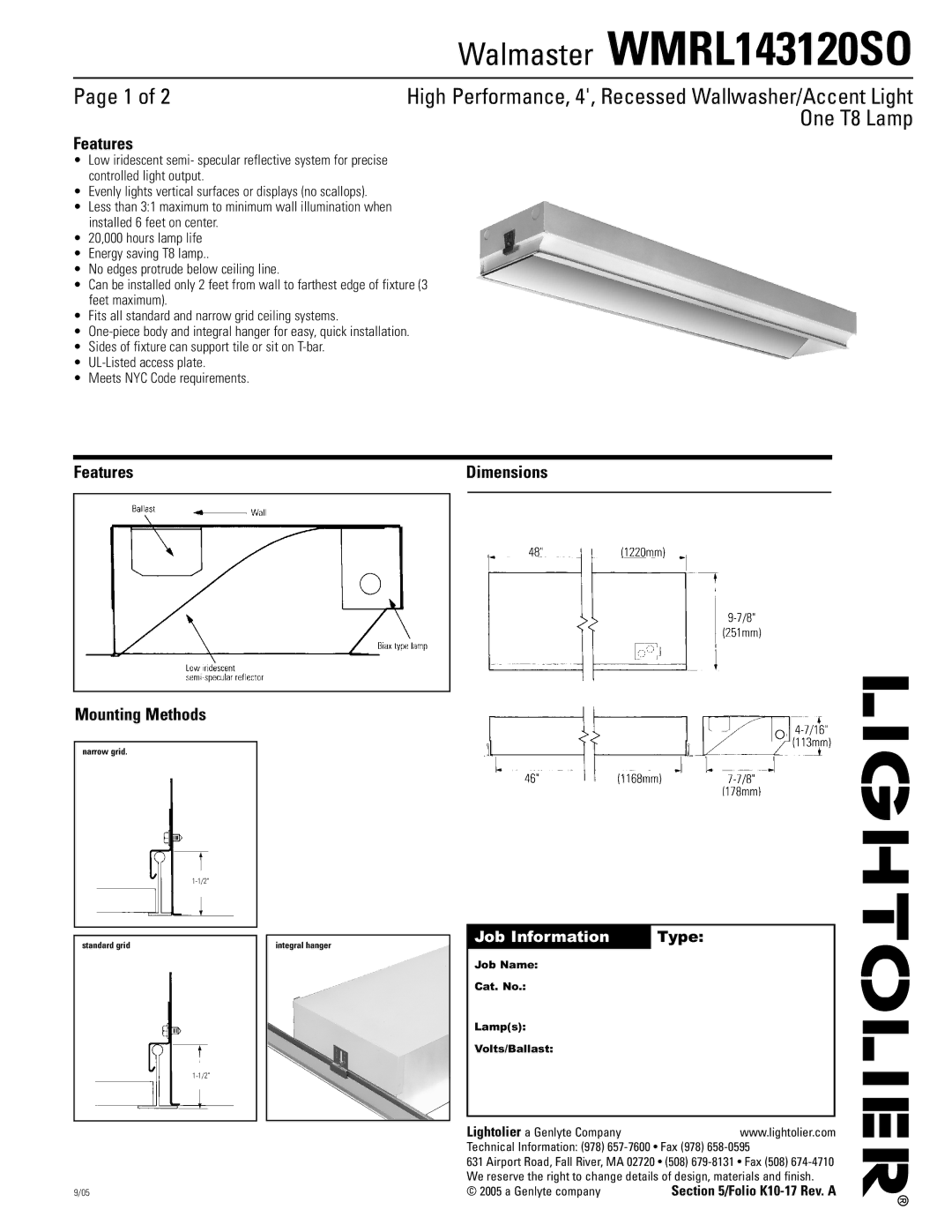 Lightolier WMRL143120SO dimensions Features Mounting Methods, Dimensions, Job Information Type, Genlyte company 