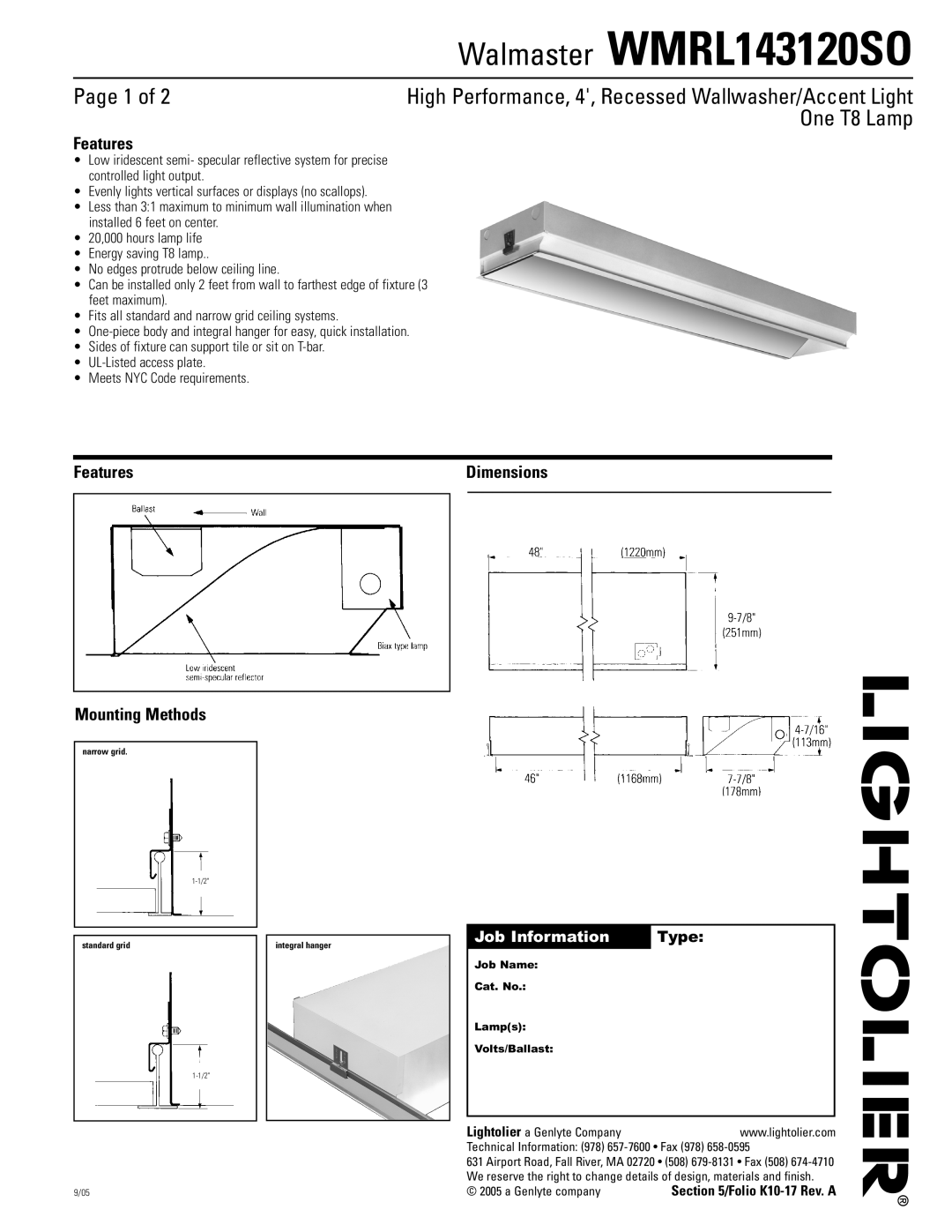 Lightolier dimensions Walmaster WMRL143120SO, Page 1 of, One T8 Lamp, Features Mounting Methods, Dimensions, Type 