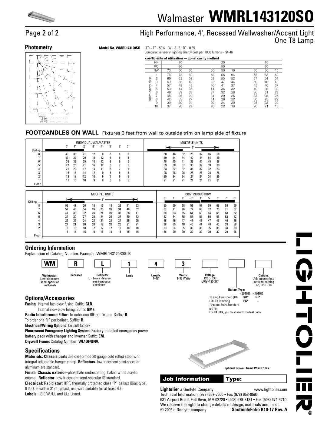 Lightolier WMRL143120SO Page 2 of, Photometry, Ordering Information, Options/Accessories, Specifications, One T8 Lamp 