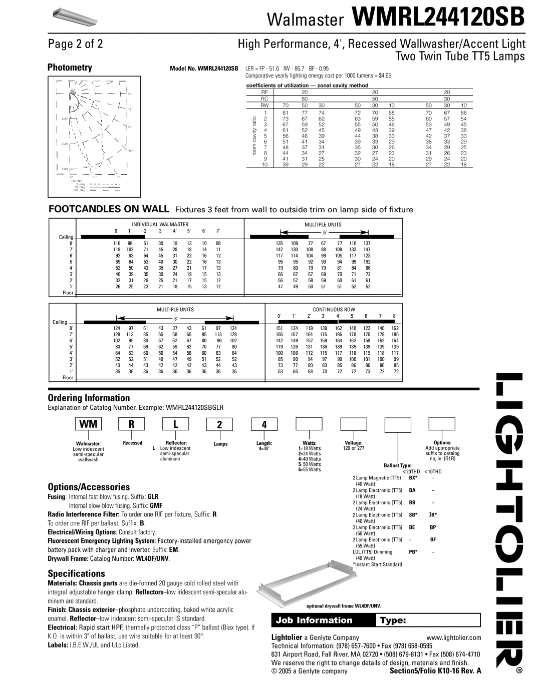 Lightolier WMRL244120SB Two Twin Tube TT5 Lamps, Photometry, Ordering Information, Options/Accessories, Specifications 