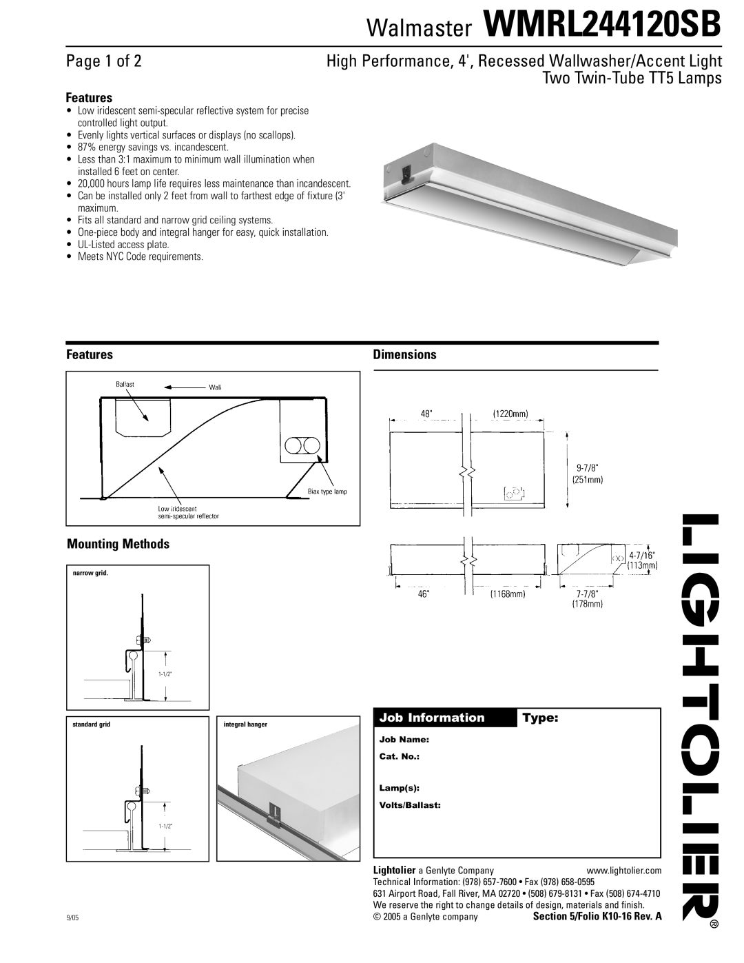 Lightolier dimensions Walmaster WMRL244120SB, Page 1 of, Two Twin-TubeTT5 Lamps, Features Mounting Methods, Type 