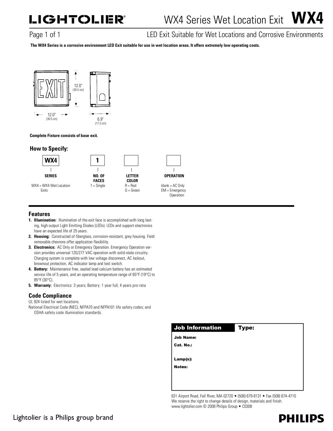 Lightolier warranty WX4 Series Wet Location Exit WX4, How to Specify, Features, Code Compliance 