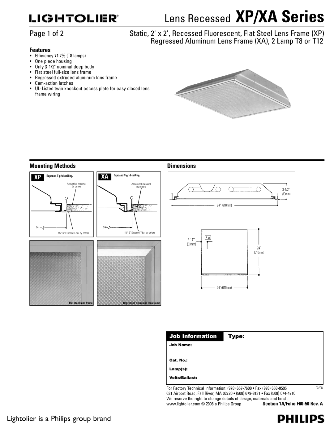 Lightolier XA Series, XP Series dimensions Features, Mounting Methods, Dimensions 