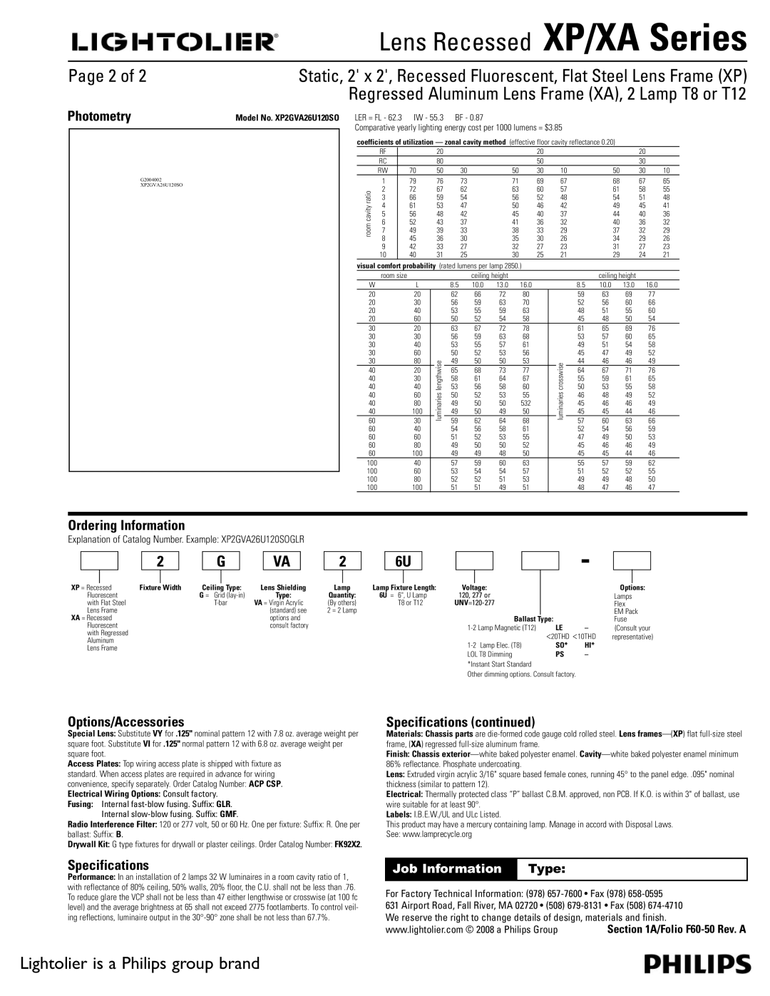 Lightolier XP Series, XA Series dimensions Photometry, Ordering Information, Options/Accessories, Specifications 