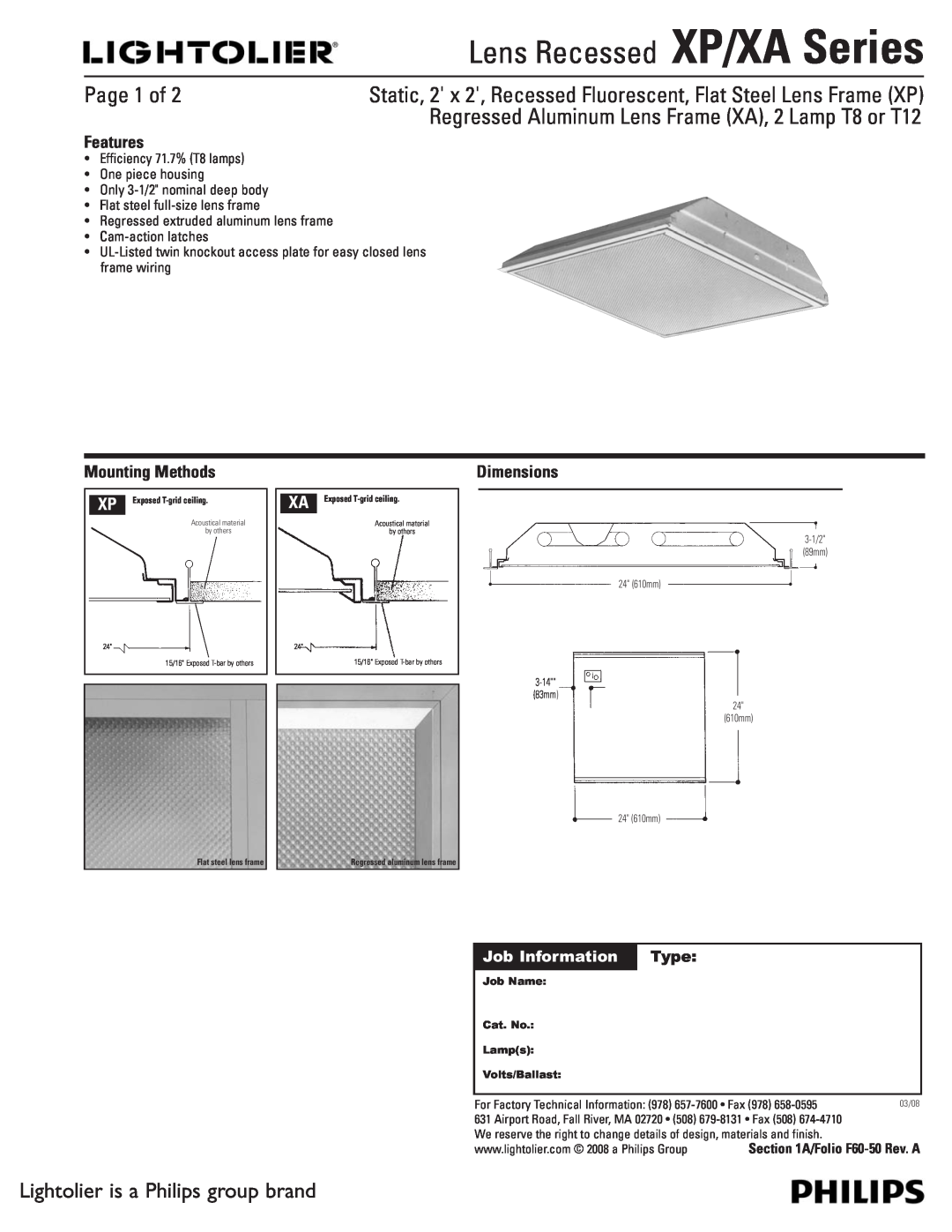 Lightolier dimensions Lens Recessed XP/XA Series, Page 1 of, Lightolier is a Philips group brand, Features, Dimensions 