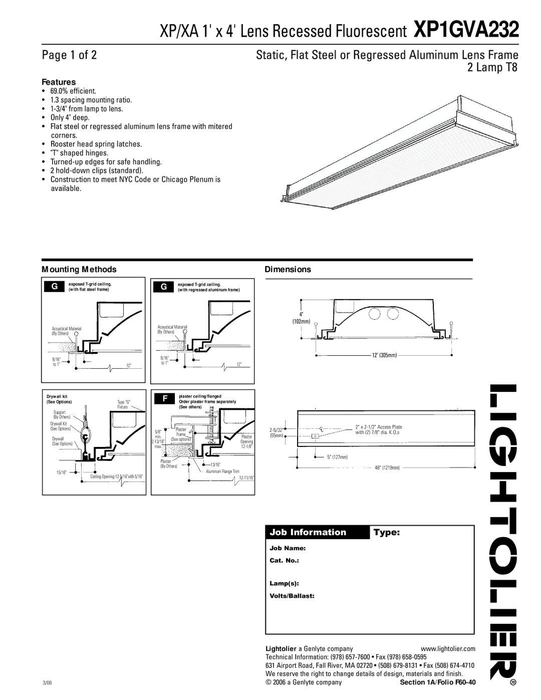 Lightolier XP1GVA232 dimensions Features, Mounting Methods, Dimensions, Genlyte company, 102mm 12 305mm 