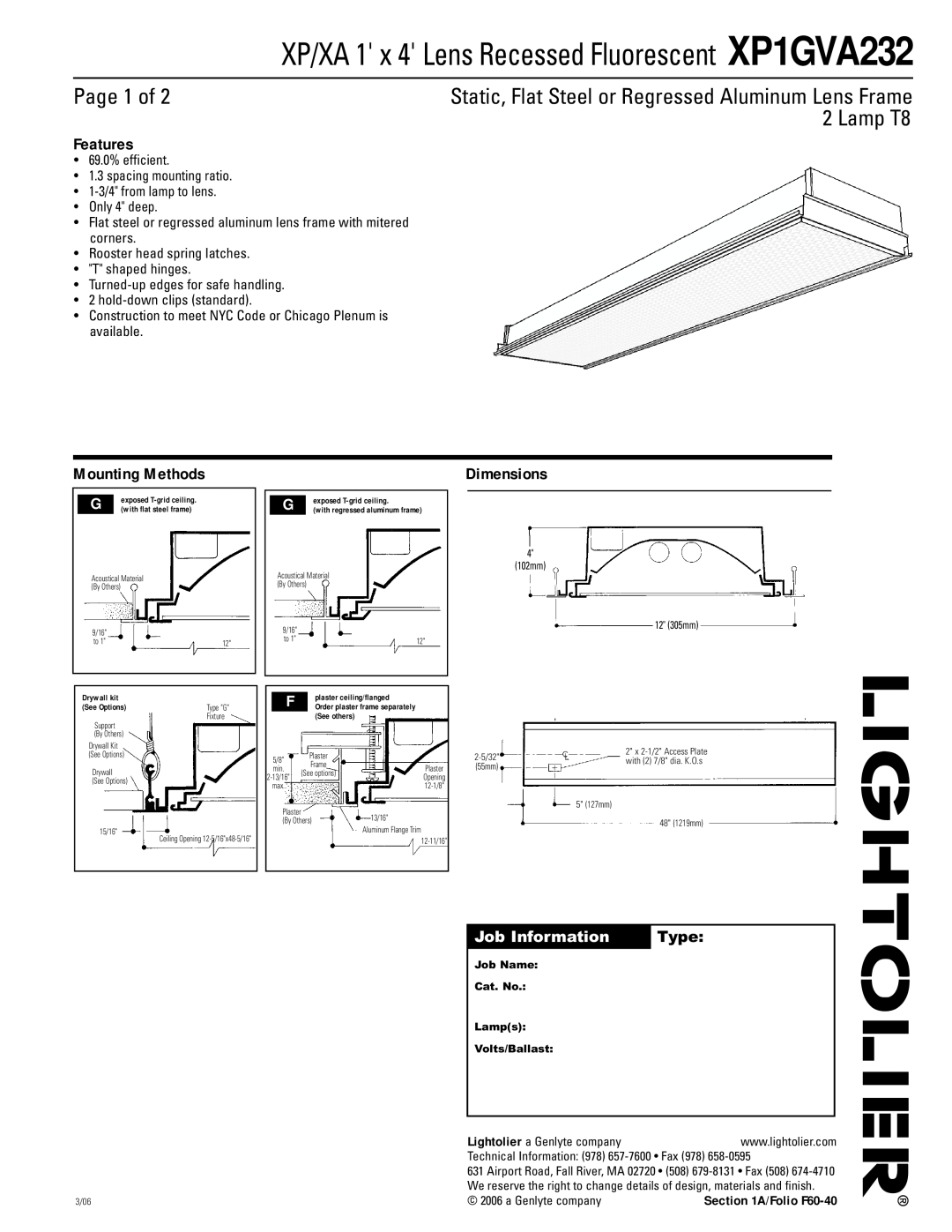 Lightolier XP1GVA232 dimensions Page 1 of, Lamp T8, Features, Mounting Methods, Job Information, Type, Dimensions 