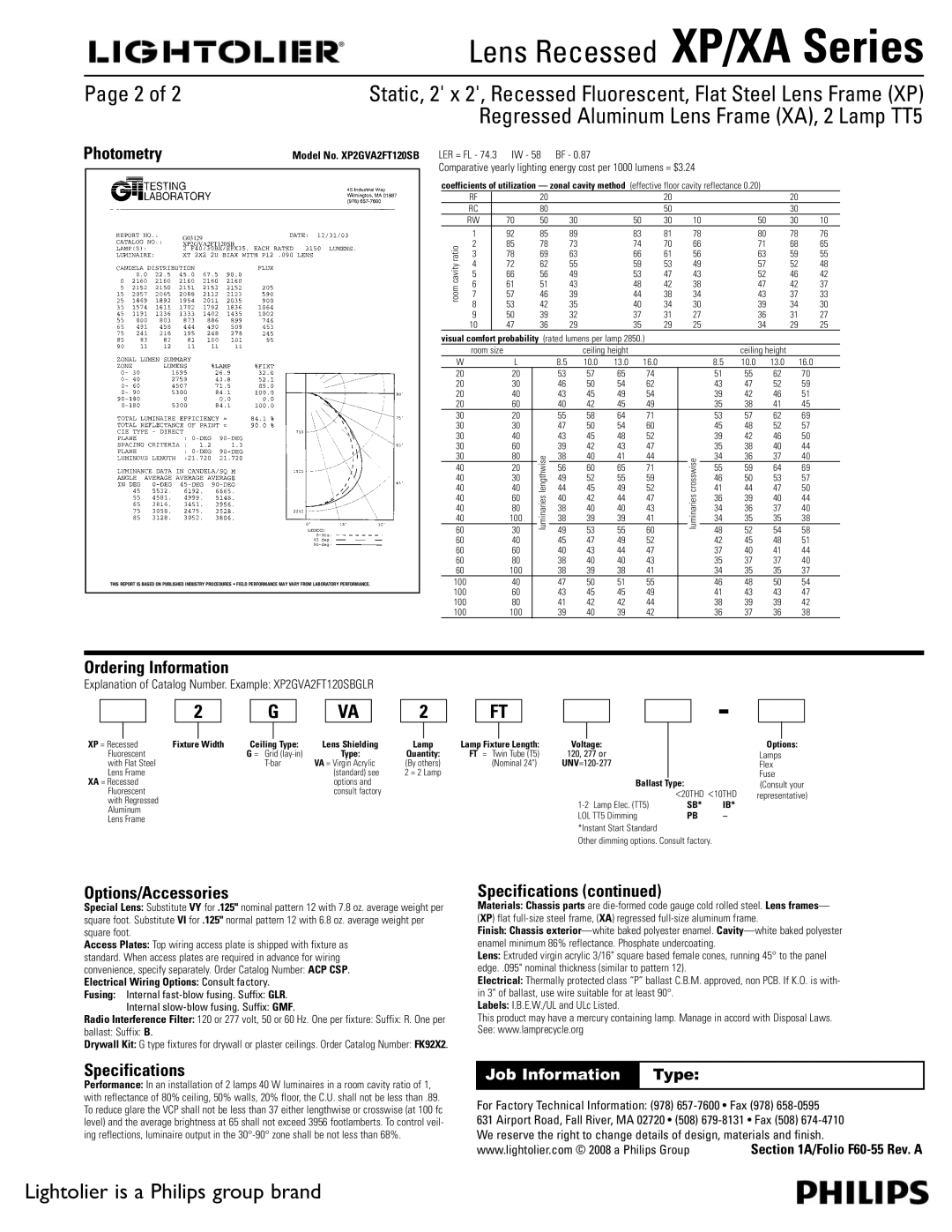 Lightolier XP2GVA2FT120SB dimensions Photometry, Ordering Information, Options/Accessories, Specifications 