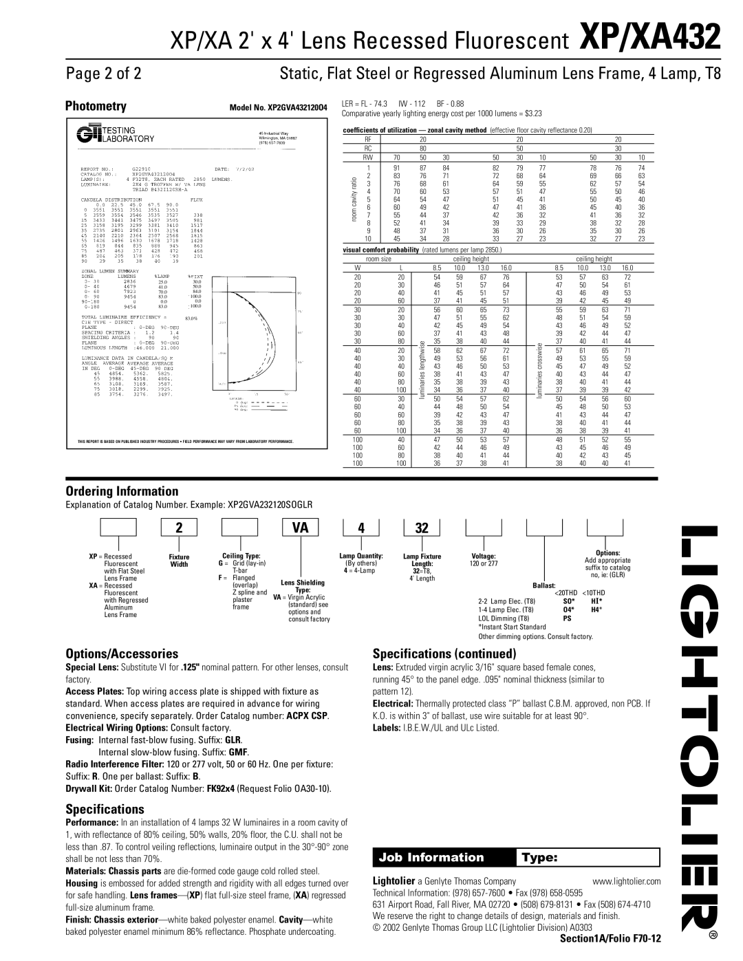 Lightolier XP432, XA432 dimensions Photometry, Ordering Information, Options/Accessories, Specifications 