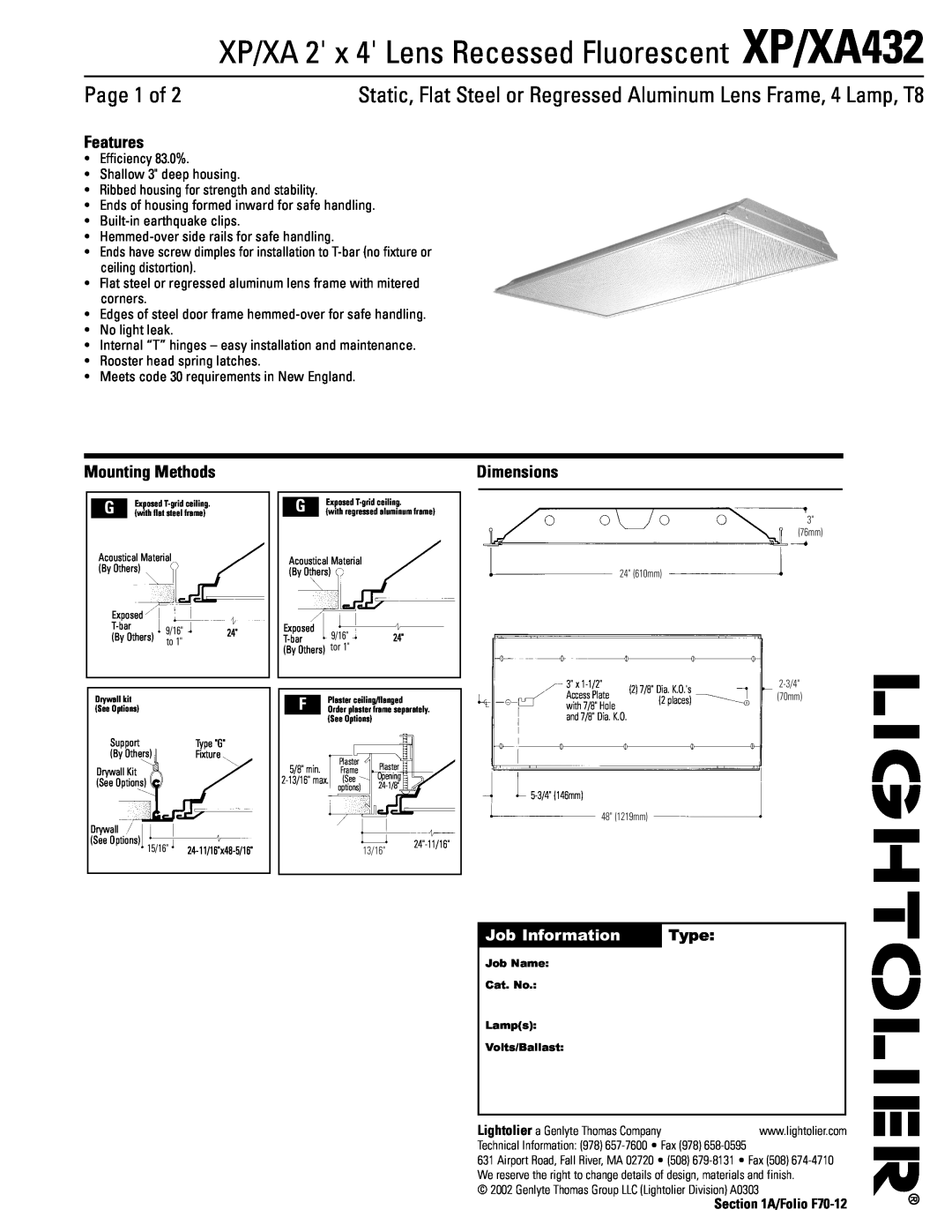 Lightolier dimensions XP/XA 2 x 4 Lens Recessed Fluorescent XP/XA432, Page 1 of, Features, Mounting Methods, Dimensions 