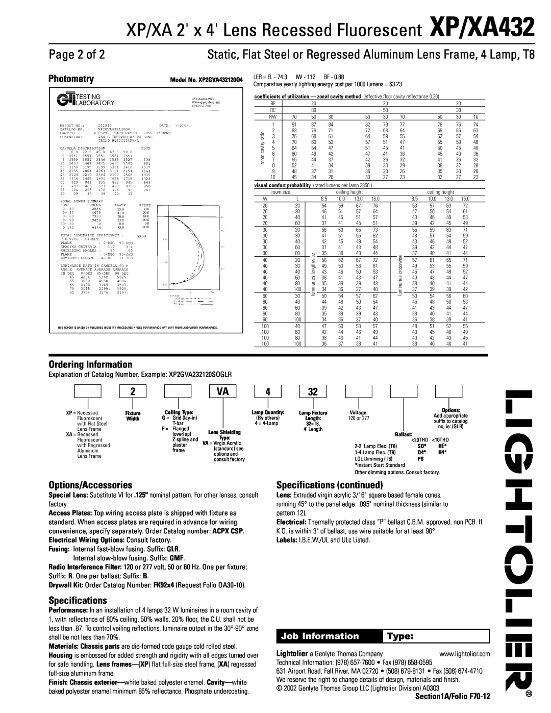 Lightolier XP432, XA432 Page 2 of, Photometry, Ordering Information, Options/Accessories, Specifications continued, Type 