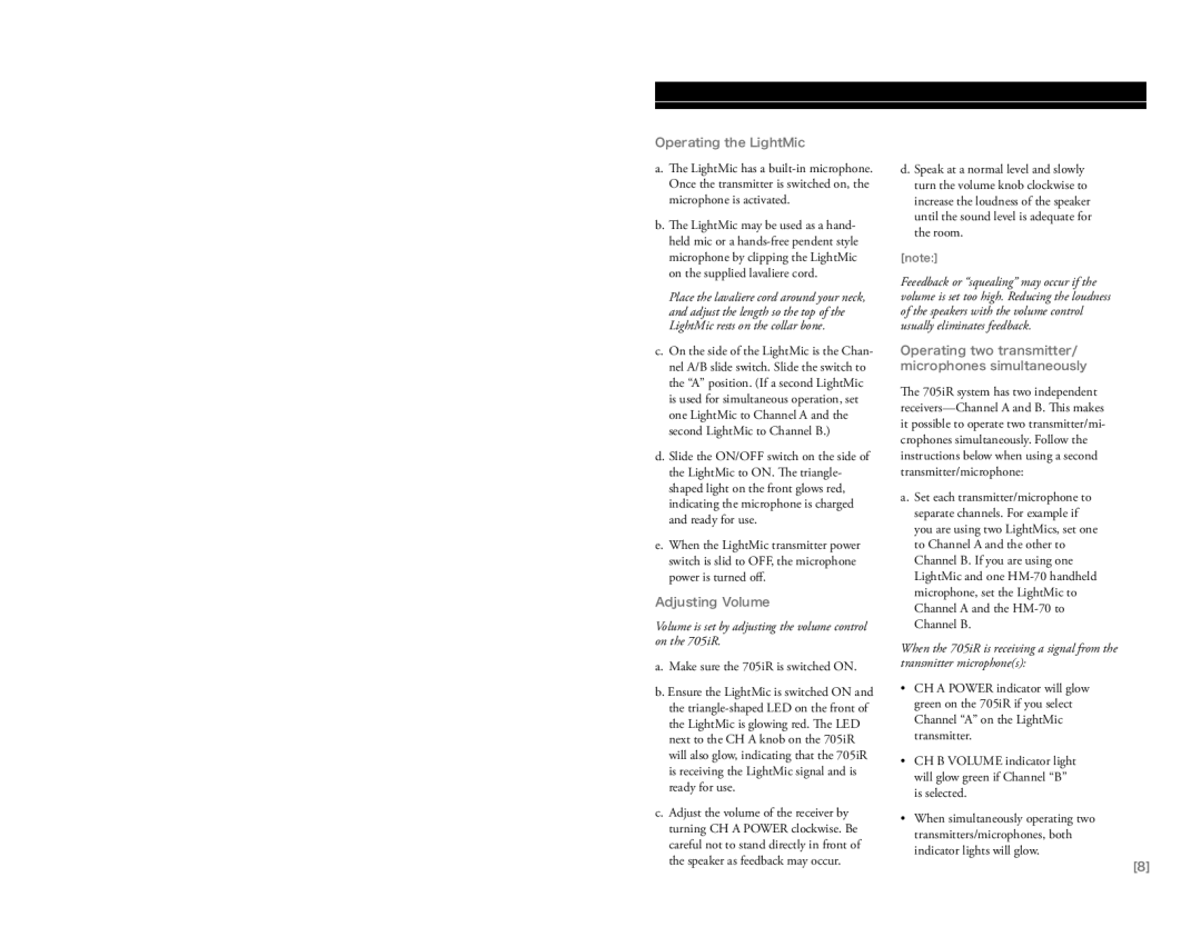 LightSpeed Technologies 705iR manual Operating the LightMic, Adjusting Volume 