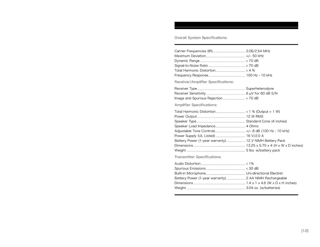 LightSpeed Technologies 705iR Overall System Speciﬁcations, Receiver/Ampliﬁer Speciﬁcations, Amplifier Specifications 