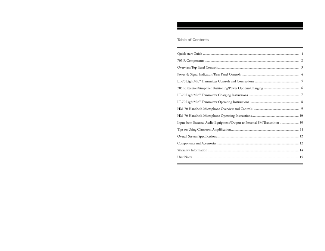 LightSpeed Technologies 705iR manual Table of Contents 