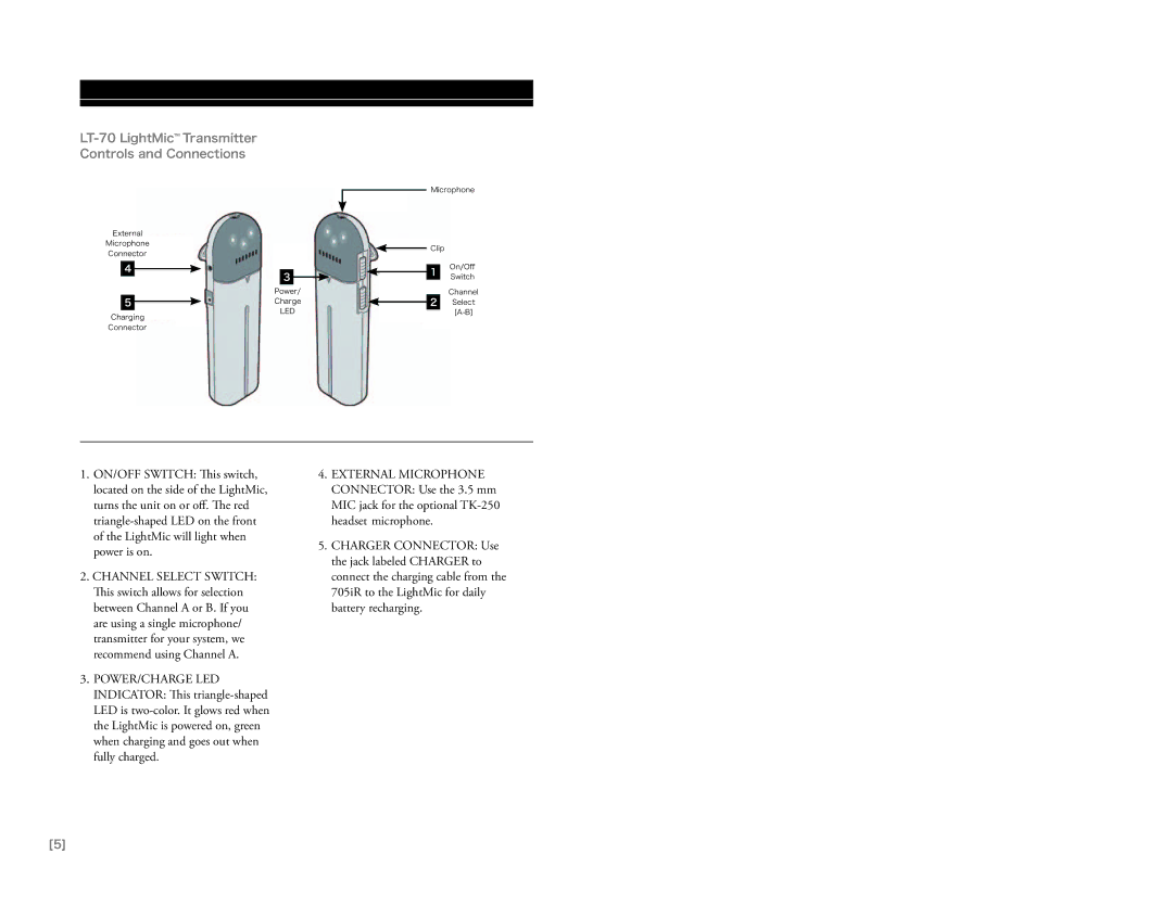 LightSpeed Technologies 705iR manual LT-70 LightMic Transmitter Controls and Connections 