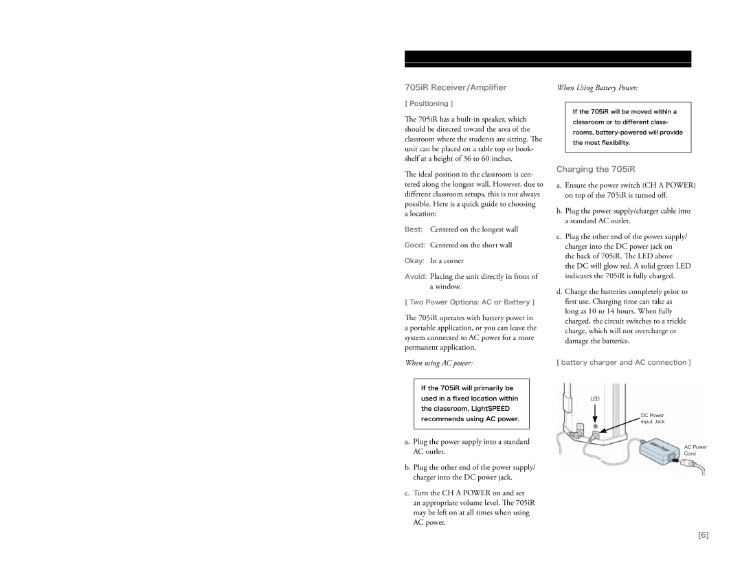 LightSpeed Technologies manual 705iR Receiver/Ampliﬁer, Charging the 705iR 