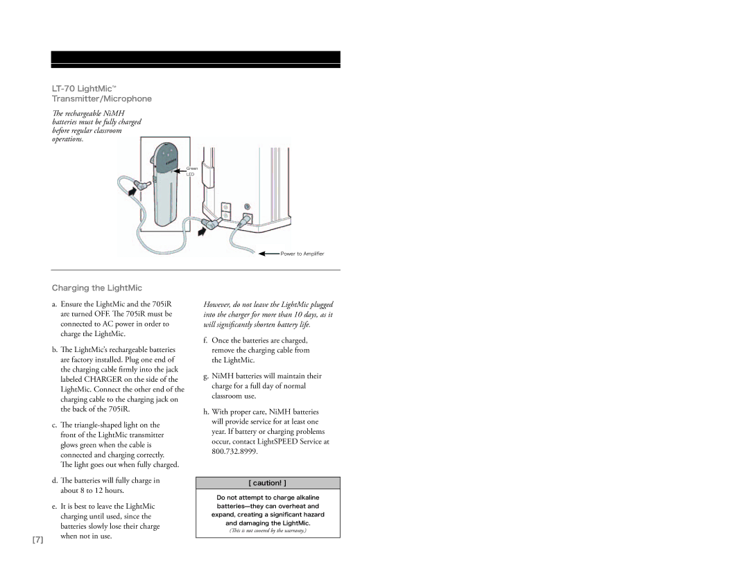 LightSpeed Technologies 705iR manual LT-70 LightMic Transmitter/Microphone, Charging the LightMic 