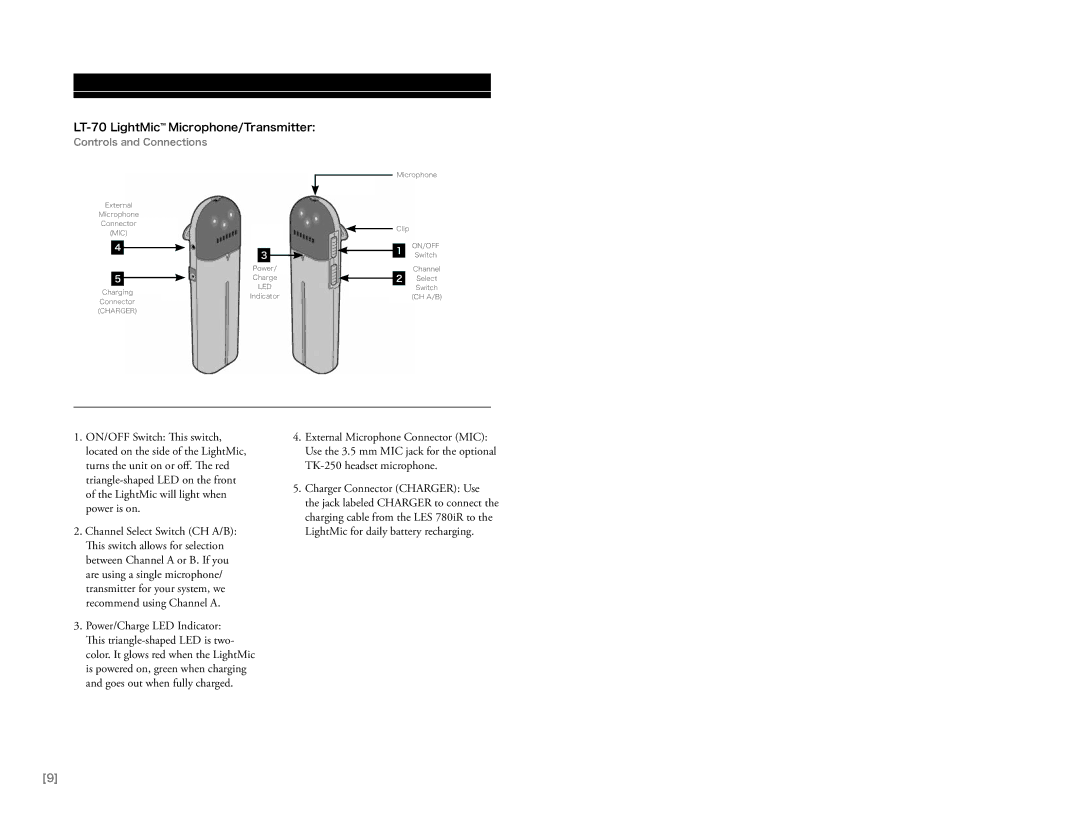 LightSpeed Technologies 780iR user manual LT-70 LightMic Microphone/Transmitter 