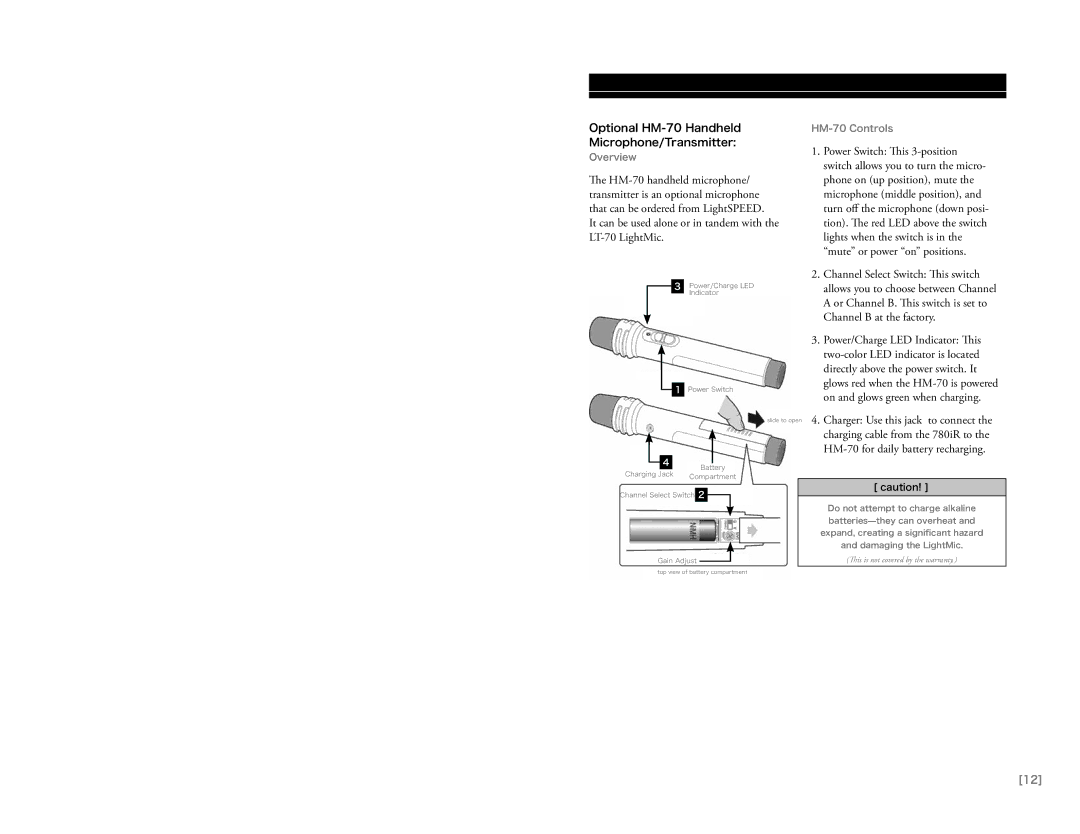 LightSpeed Technologies 780iR user manual Optional HM-70 Handheld Microphone/Transmitter, Channel Select Switch This switch 